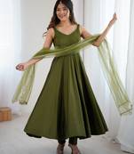 Olive green mirror work heavy pure romansilk chanderi stitched kurta with pant & dupatta     festive wear suit set