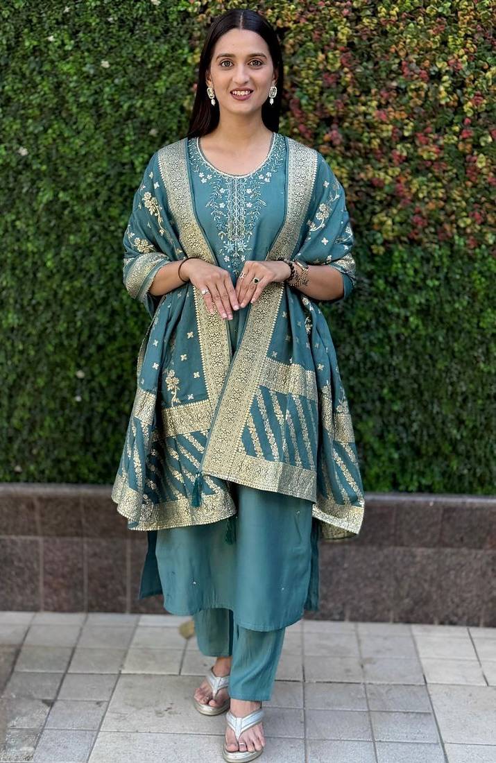 Teal roman silk handwork cotton inner Kurta set