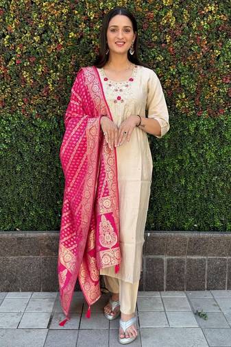Cream roman silk handwork Kurta pant with dupatta