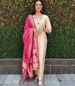 Cream roman silk handwork Kurta pant with dupatta