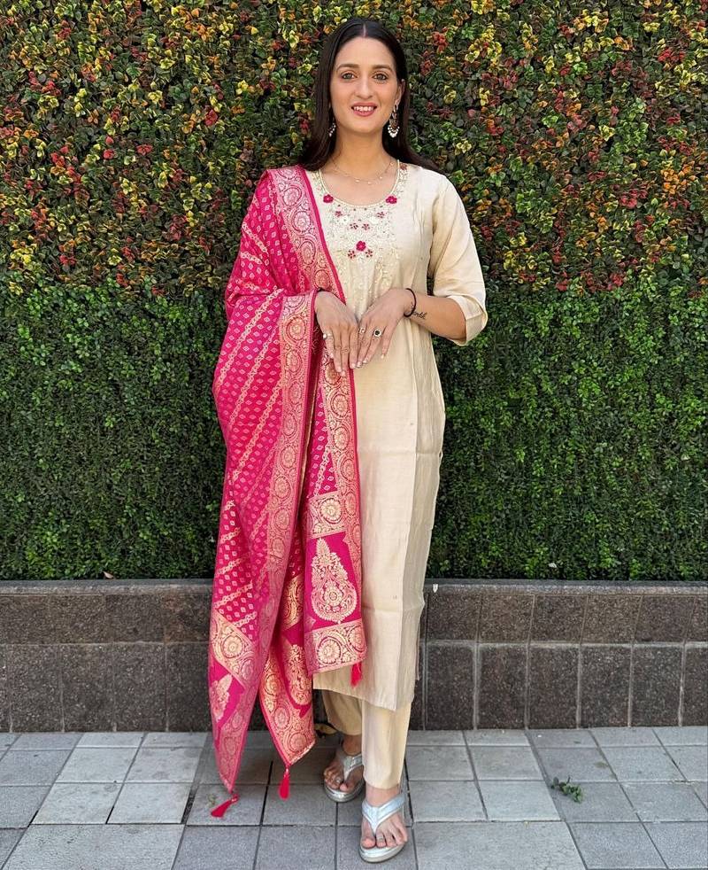 Cream roman silk handwork Kurta pant with dupatta