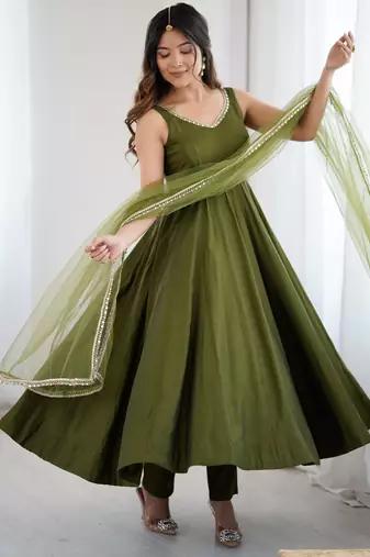 Olive green mirror work heavy pure romansilk chanderi stitched kurta with pant & dupatta     festive wear suit set