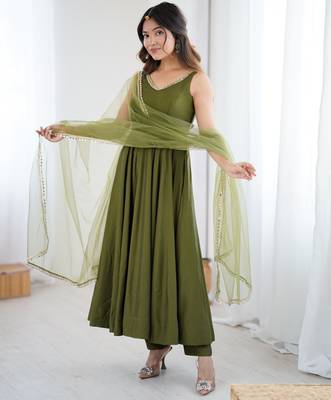 Olive green mirror work heavy pure romansilk chanderi stitched kurta with pant & dupatta     festive wear suit set 4