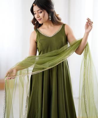 Olive green mirror work heavy pure romansilk chanderi stitched kurta with pant & dupatta     festive wear suit set 5