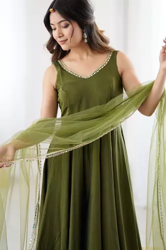 Olive green mirror work heavy pure romansilk chanderi stitched kurta with pant & dupatta     festive wear suit set