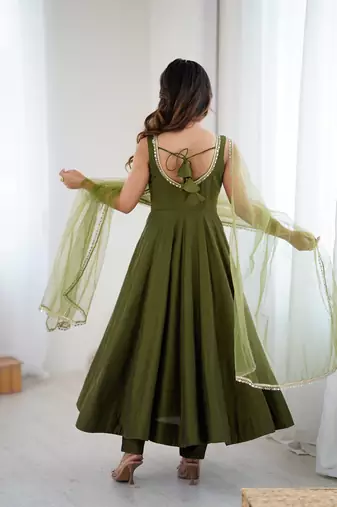 Olive green mirror work heavy pure romansilk chanderi stitched kurta with pant & dupatta     festive wear suit set