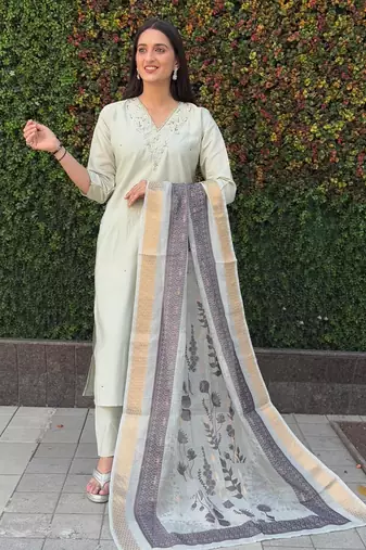 Pista roman silk handwork & nylon muslin Kurta pant with dupatta