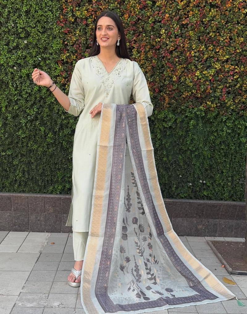 Pista roman silk handwork & nylon muslin Kurta pant with dupatta