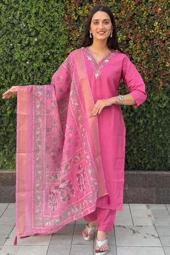 Pink roman silk handwork Kurta pant with dupatta