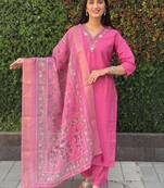 Pink roman silk handwork Kurta pant with dupatta