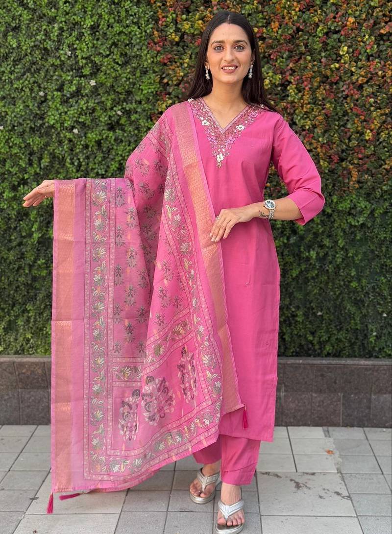 Pink roman silk handwork Kurta pant with dupatta
