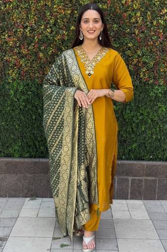 mustard yellow roman silk handwork & nylon muslin Kurta pant with dupatta