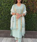 Sea green roman silk handwork Kurta pant with dupatta