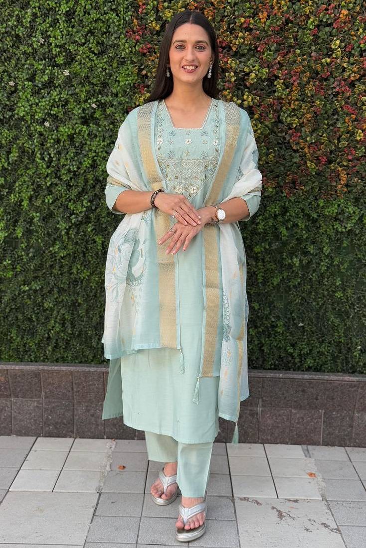 Sea green roman silk handwork Kurta pant with dupatta