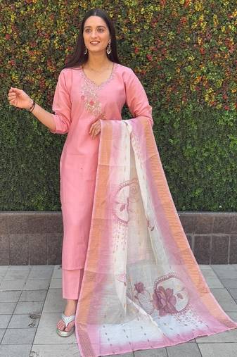Light pink roman silk kurta pant with dupatta