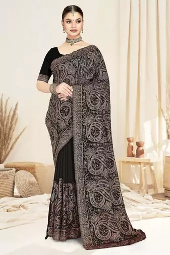 Black color resham multi kashmiri embroidery work saree with blouse