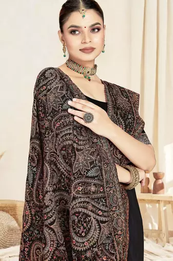 Black color resham multi kashmiri embroidery work saree with blouse