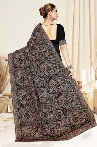 Black color resham multi kashmiri embroidery work saree with blouse