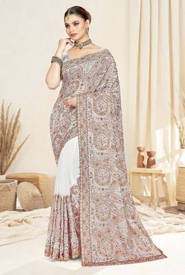 White color resham multi kashmiri embroidery work saree with blouse 1