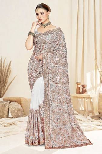 White color resham multi kashmiri embroidery work saree with blouse