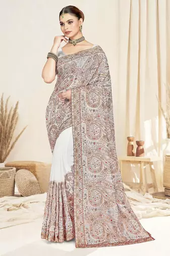White color resham multi kashmiri embroidery work saree with blouse
