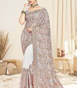 White color resham multi kashmiri embroidery work saree with blouse