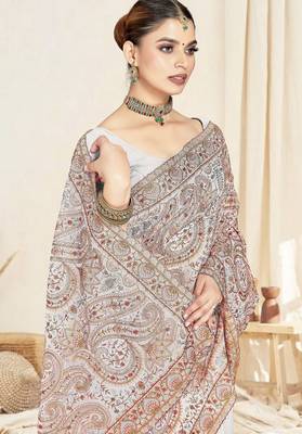 White color resham multi kashmiri embroidery work saree with blouse 2