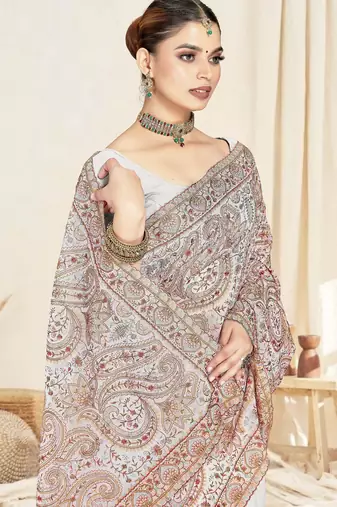 White color resham multi kashmiri embroidery work saree with blouse