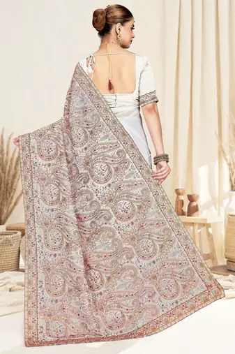 White color resham multi kashmiri embroidery work saree with blouse