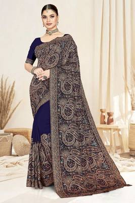 Navy blue color resham multi kashmiri embroidery work saree with blouse 1