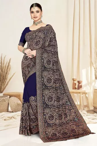 Navy blue color resham multi kashmiri embroidery work saree with blouse