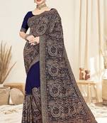 Navy blue color resham multi kashmiri embroidery work saree with blouse