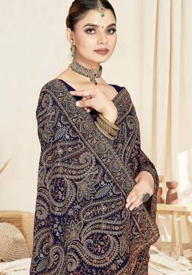 Navy blue color resham multi kashmiri embroidery work saree with blouse 2