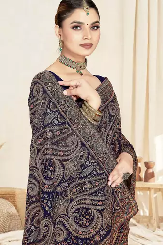 Navy blue color resham multi kashmiri embroidery work saree with blouse