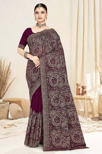 Wine color resham multi kashmiri embroidery work saree with blouse