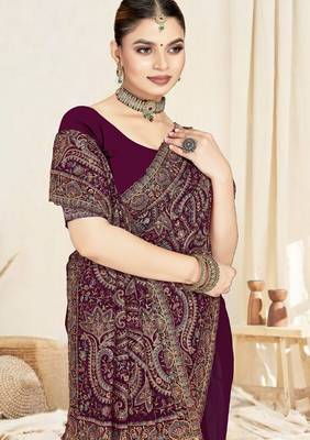 Wine color resham multi kashmiri embroidery work saree with blouse 2