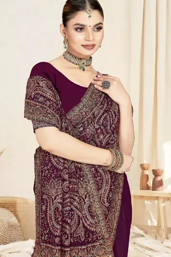 Wine color resham multi kashmiri embroidery work saree with blouse