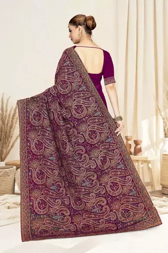 Wine color resham multi kashmiri embroidery work saree with blouse