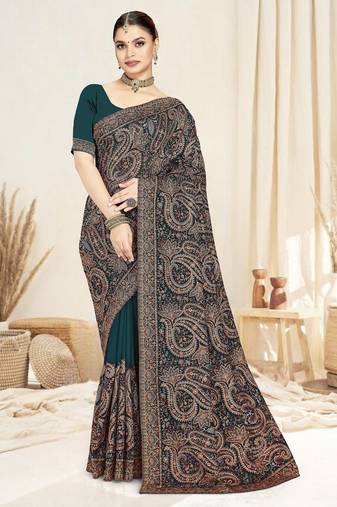 Morpeach color resham multi kashmiri embroidery work saree with blouse