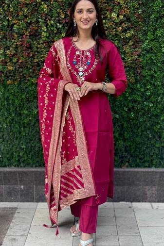 Cherry roman silk handwork & nylon muslin Kurta pant with dupatta