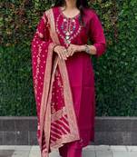 Cherry roman silk handwork & nylon muslin Kurta pant with dupatta