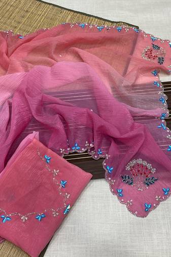 Pink Color Party Wear Two Tone Crunchy Silk Saree