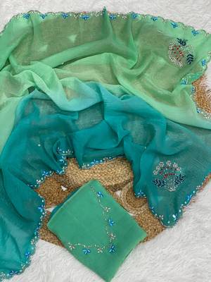 Aqua Blue Color Party Wear Two Tone Crunchy Silk Saree 1