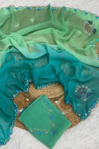 Aqua Blue Color Party Wear Two Tone Crunchy Silk Saree