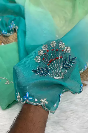 Aqua Blue Color Party Wear Two Tone Crunchy Silk Saree