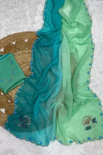 Aqua Blue Color Party Wear Two Tone Crunchy Silk Saree