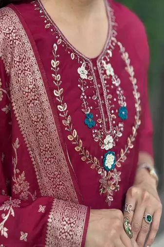 Cherry roman silk handwork & nylon muslin Kurta pant with dupatta
