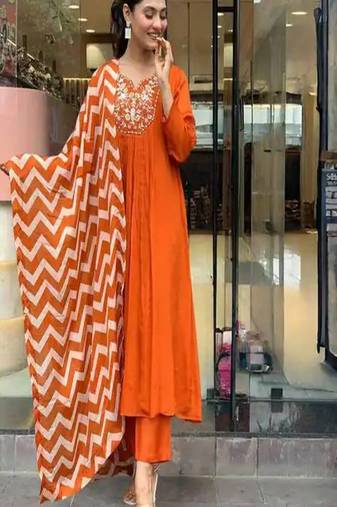 Saffron viscose chanderi silk gown pant with dupatta