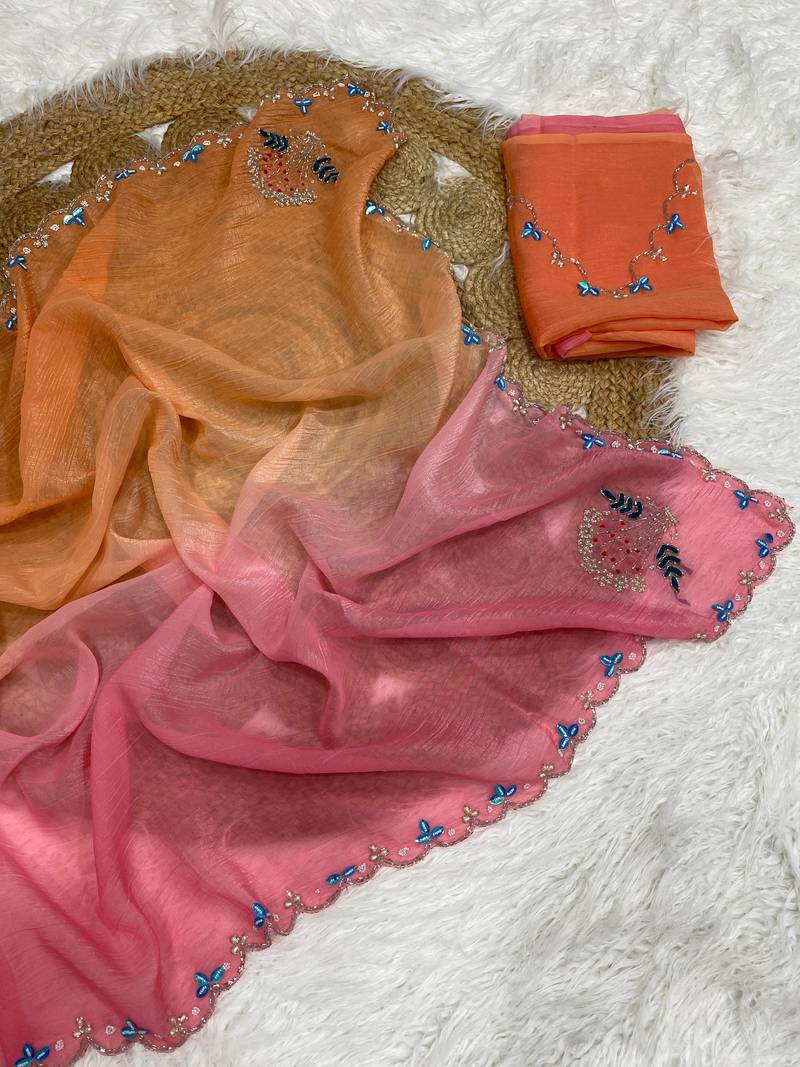 Orange Color Party Wear Two Tone Crunchy Silk Saree
