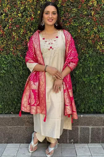 Cream roman silk handwork Kurta pant with dupatta